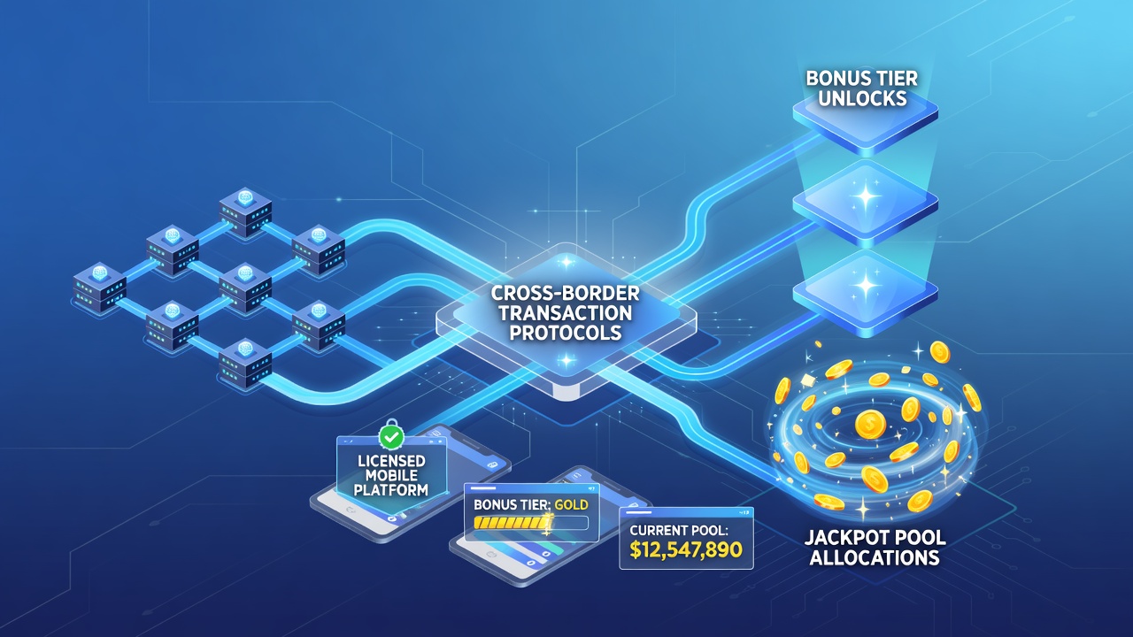 Mobile gaming interface showing cross-border payment processing and bonus tier indicators on a licensed platform