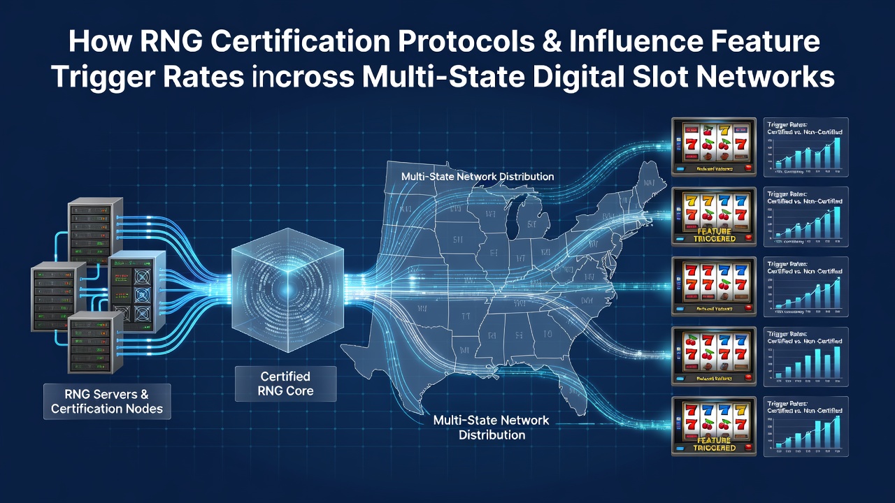 RNG certification process for digital slot networks showing testing equipment and compliance documentation