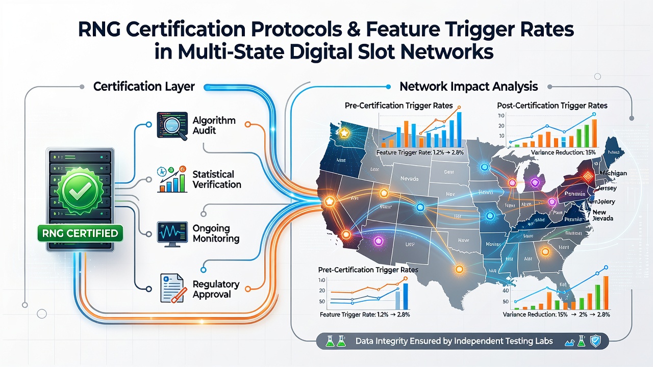 Multi-state digital slot network diagram illustrating RNG data flow between state servers and compliance checkpoints