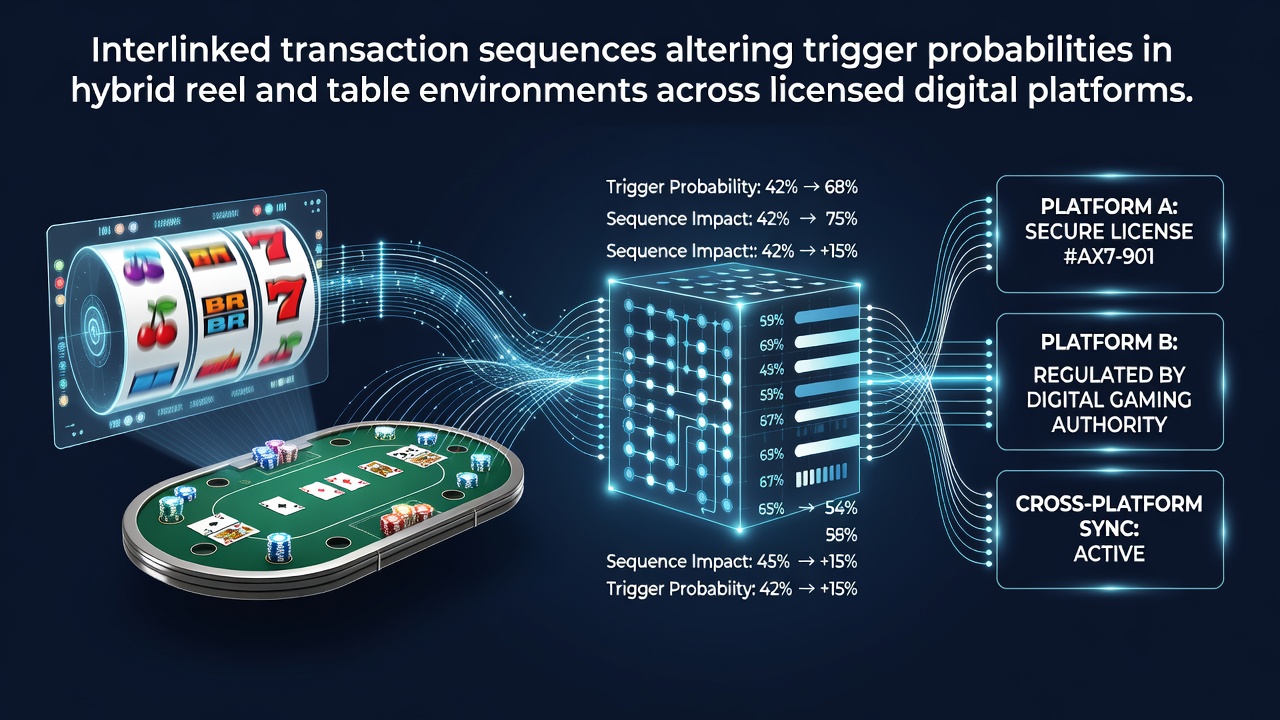 Illustration of interconnected transaction flows across hybrid reel and table game interfaces on digital platforms