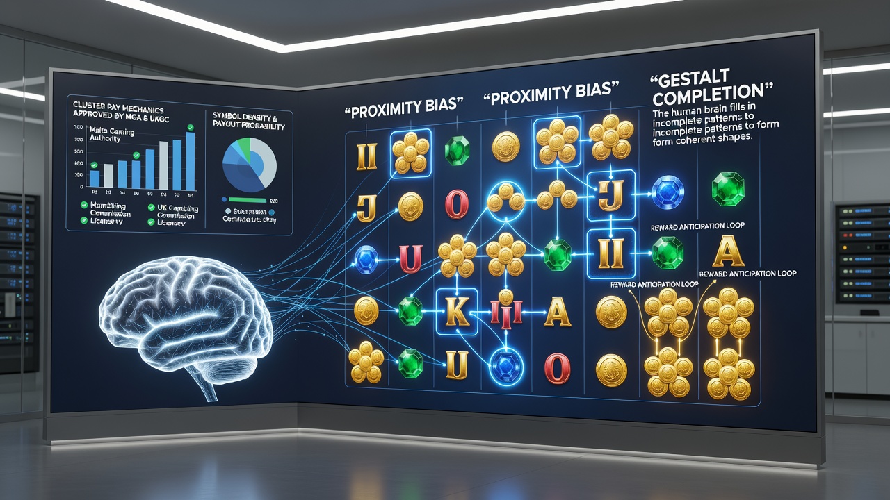 Detailed view of expanding symbol clusters and payout indicators on a cluster-pay slot interface